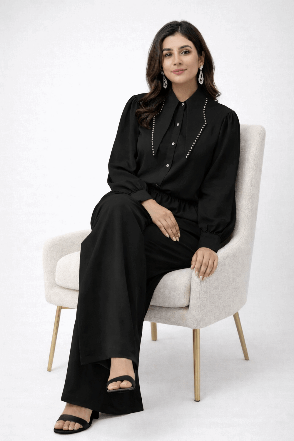 Pearl-Embellished Collared Co-ord Set Black