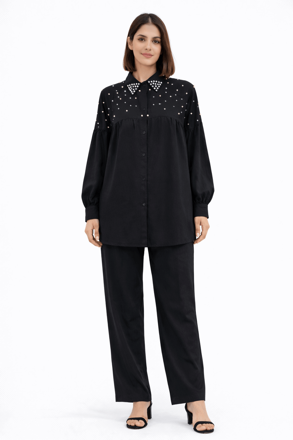 White Pearl-Embellished Collared Co-ord Set Black