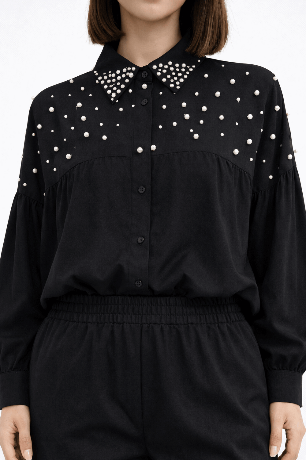 White Pearl-Embellished Collared Co-ord Set Black