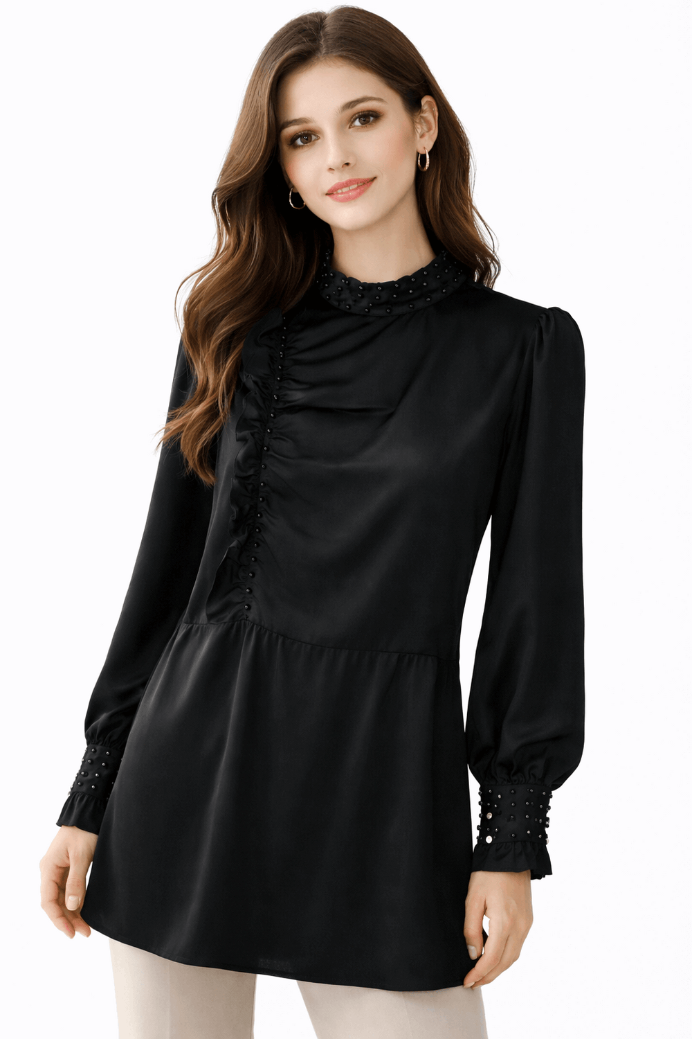 Beaded Mock Neck Ruffle Tunic