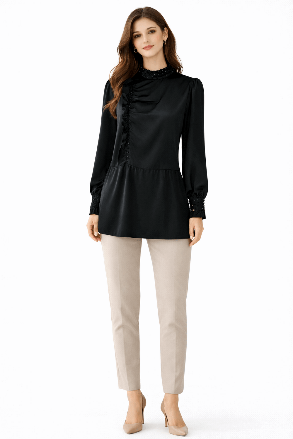 Beaded Mock Neck Ruffle Tunic