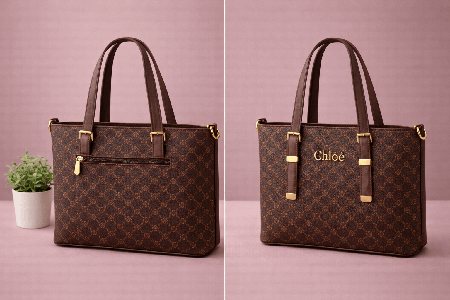 Chloë Signature Diamond Monogram Tote – Deep Espresso