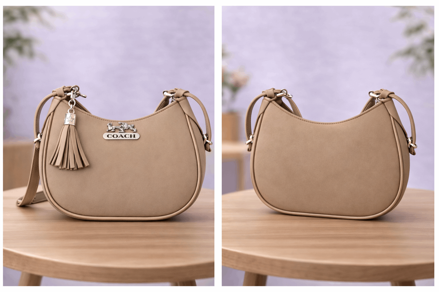 Greige Coach Hobo Bag – Leather with Tassel Accent