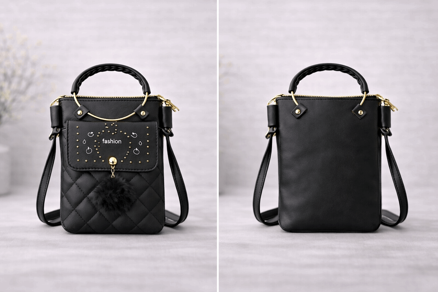 Quilted Vegan Leather Mini Crossbody Bag Black