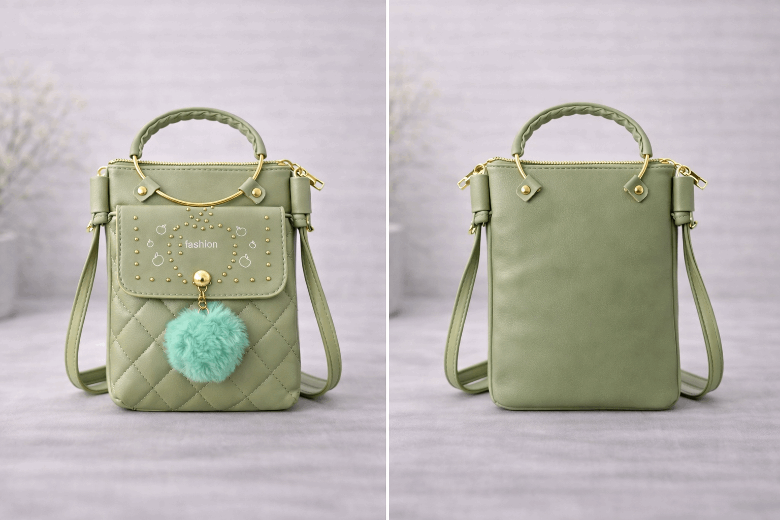 Quilted Vegan Leather Mini Crossbody Bag Sage Green