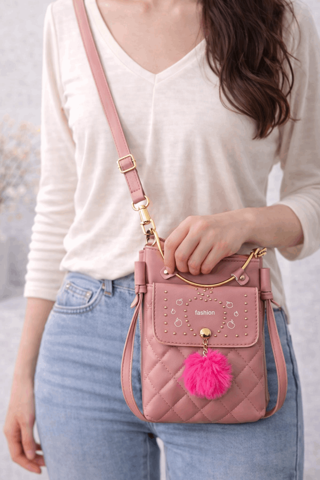 Quilted Vegan Leather Mini Crossbody Bag Pink