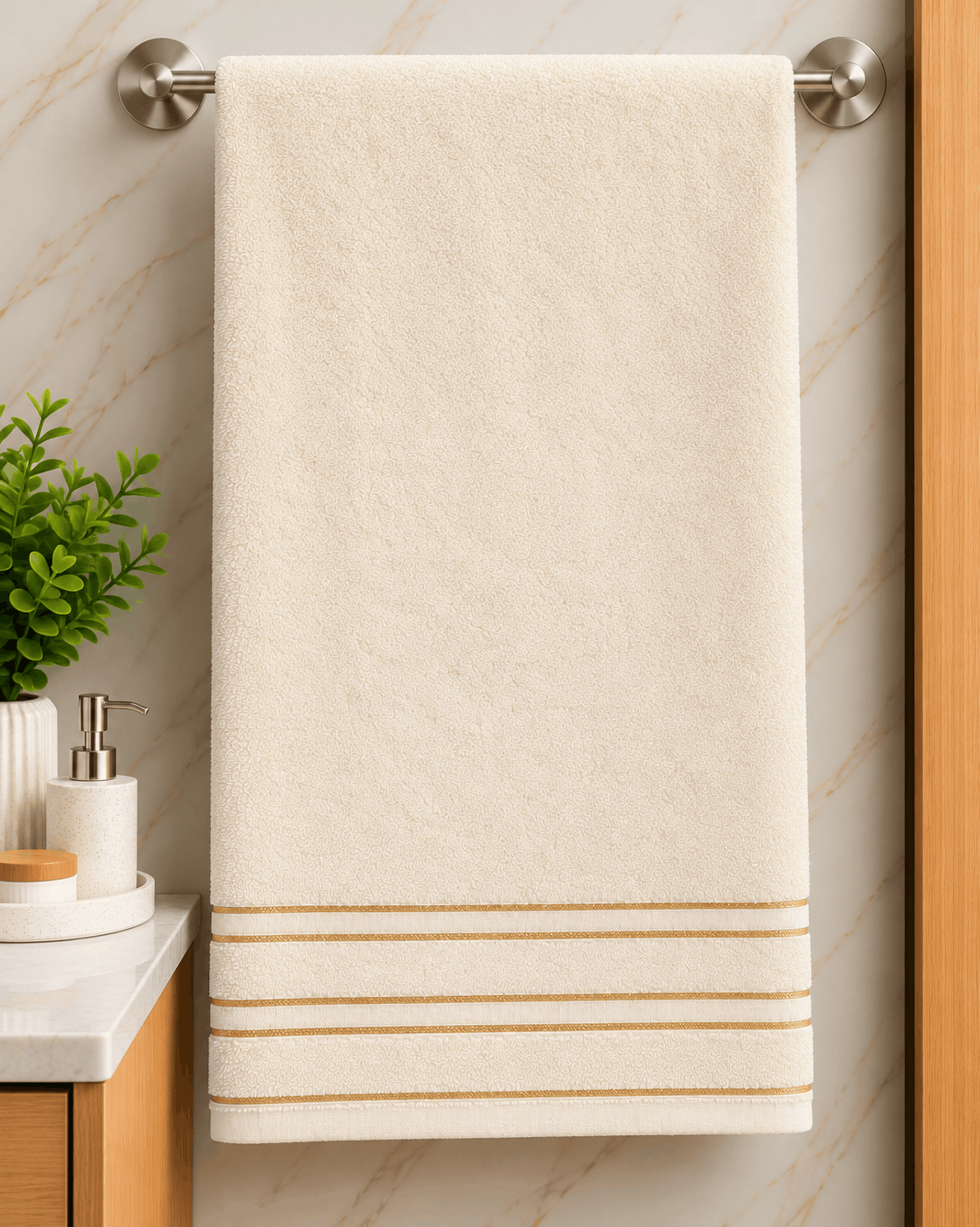 Cream Bath Towel with Gold Stripes