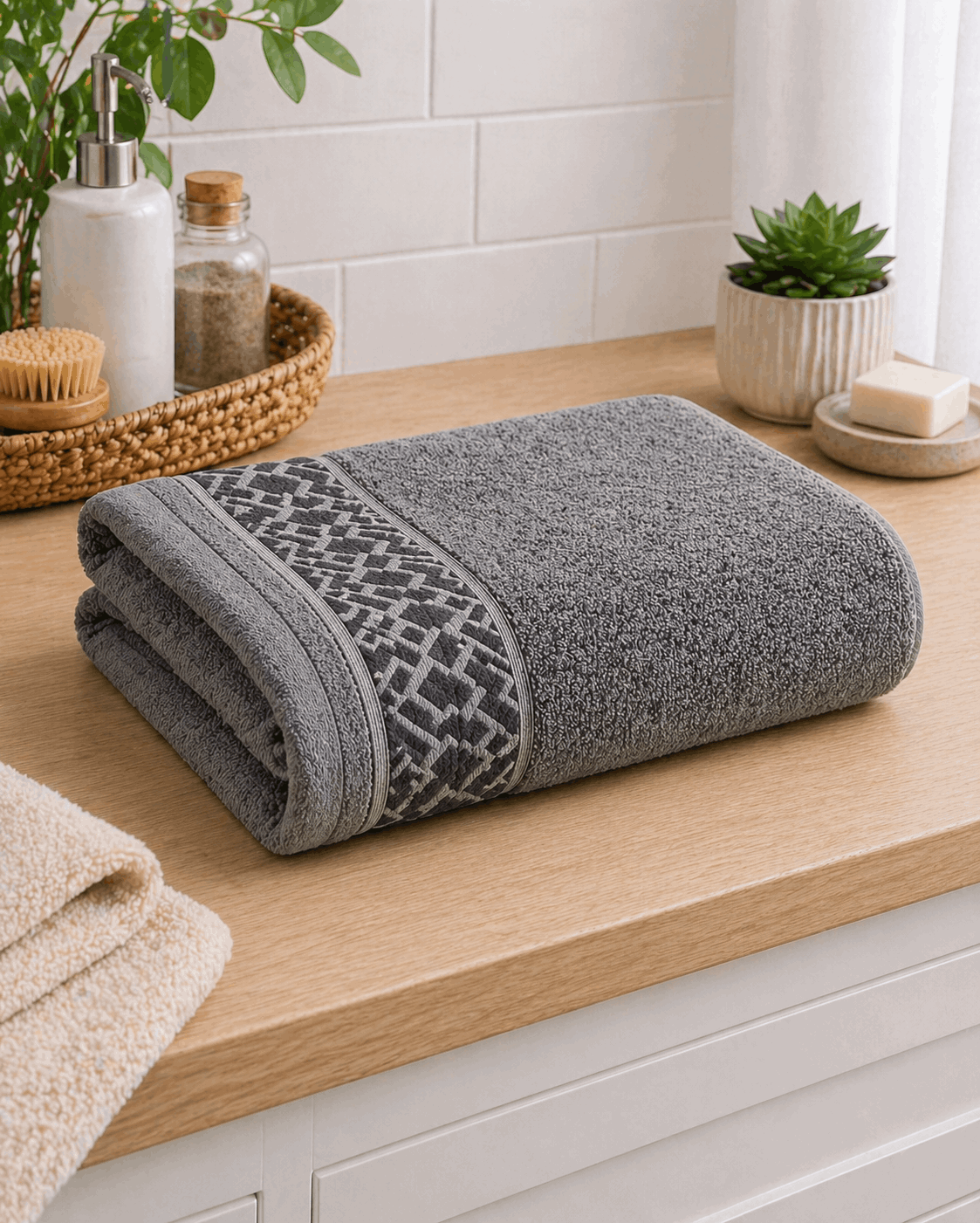 Premium Cotton Bath Towel with Geometric Border