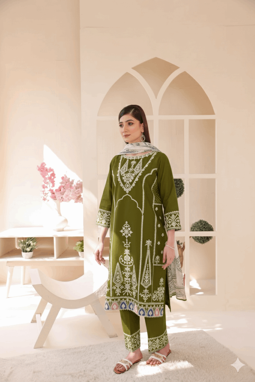 3 Piece – Embroidered Cotton Suit # 23