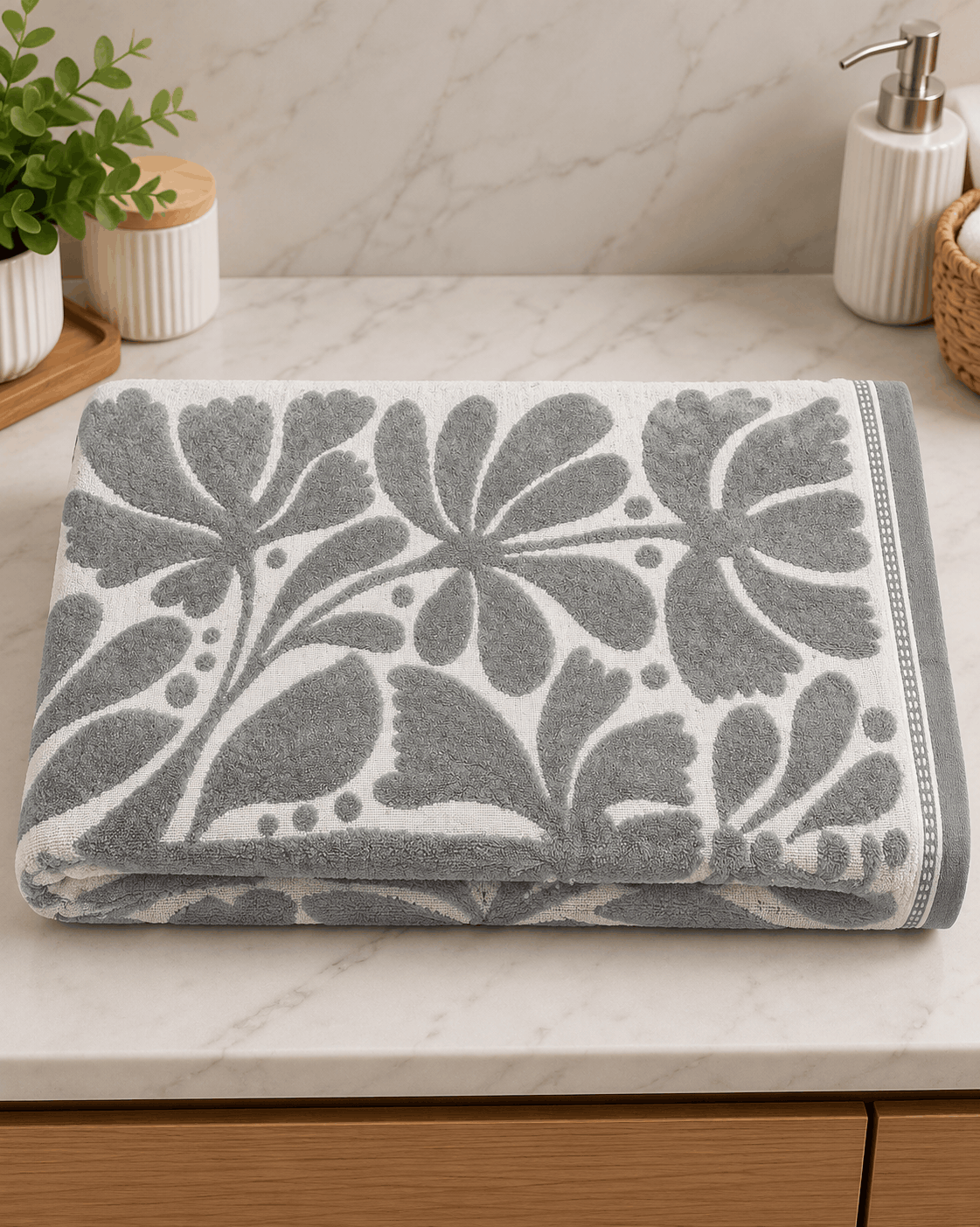 Gray Floral Motif Bath Towel