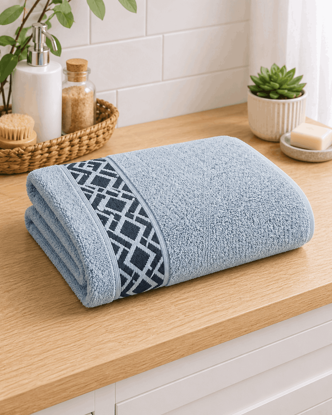 Premium Cotton Bath Towel with Geometric Border