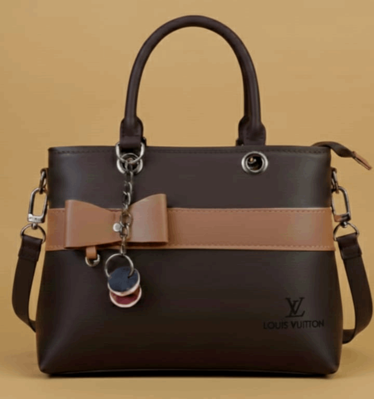 Dual-Handle Crossbody Bag with brown Stripe and Bow