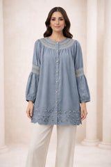 Ash Gray Laser-Cut Embroidered Button-Down Tunic - Nishat Creative Store