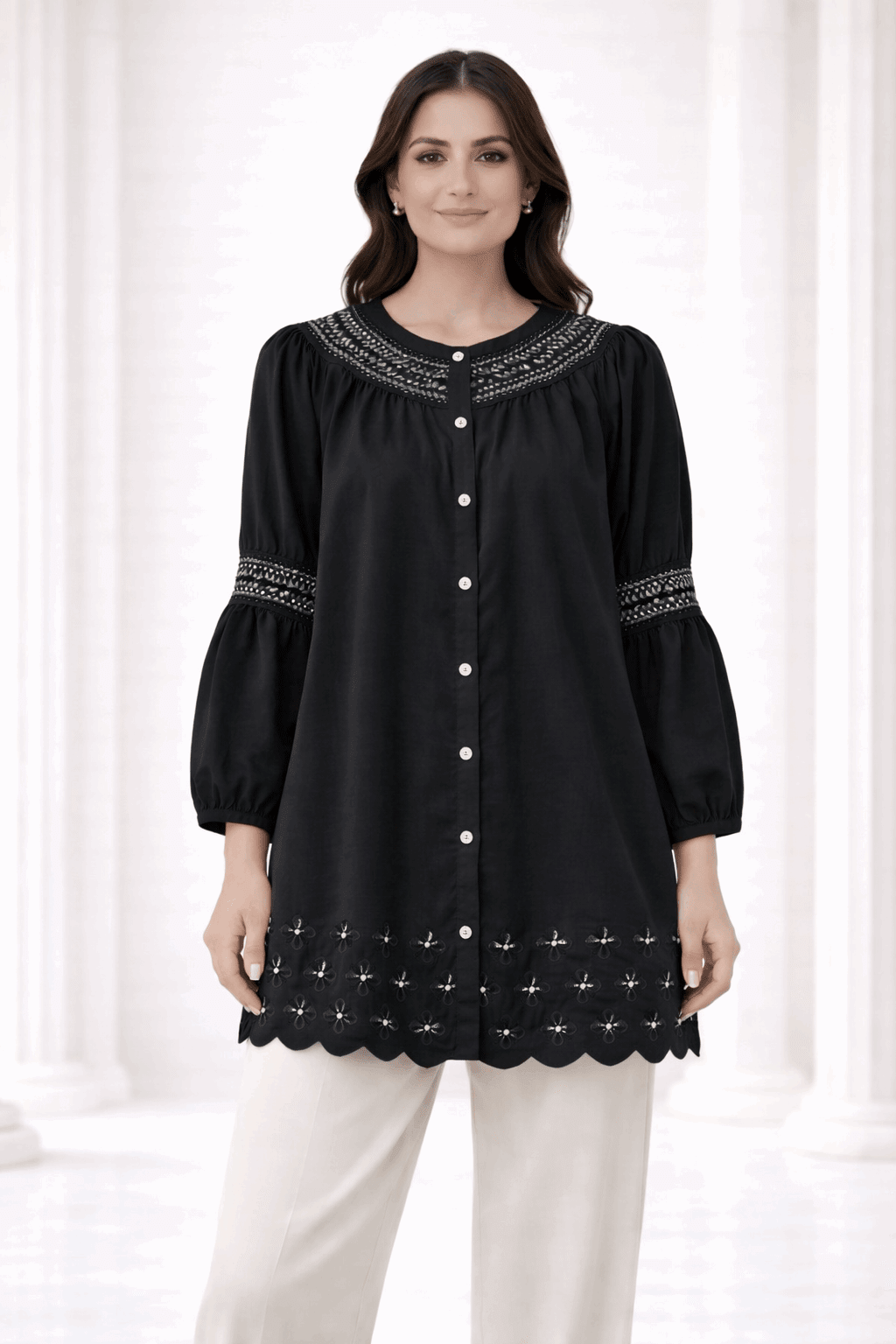 Black Laser-Cut Embroidered Button-Down Tunic - Nishat Creative Store