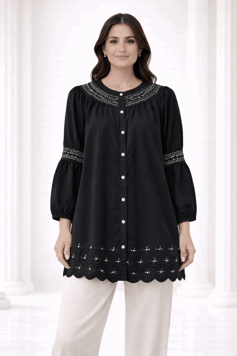 Black Laser-Cut Embroidered Button-Down Tunic - Nishat Creative Store