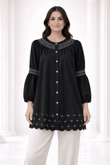 Black Laser-Cut Embroidered Button-Down Tunic - Nishat Creative Store