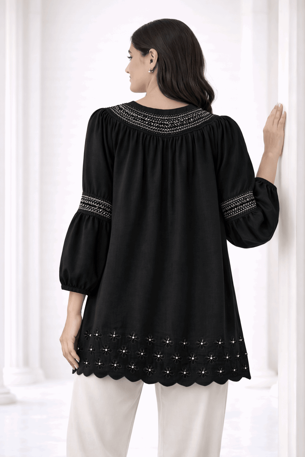 Black Laser-Cut Embroidered Button-Down Tunic - Nishat Creative Store