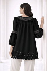 Black Laser-Cut Embroidered Button-Down Tunic - Nishat Creative Store
