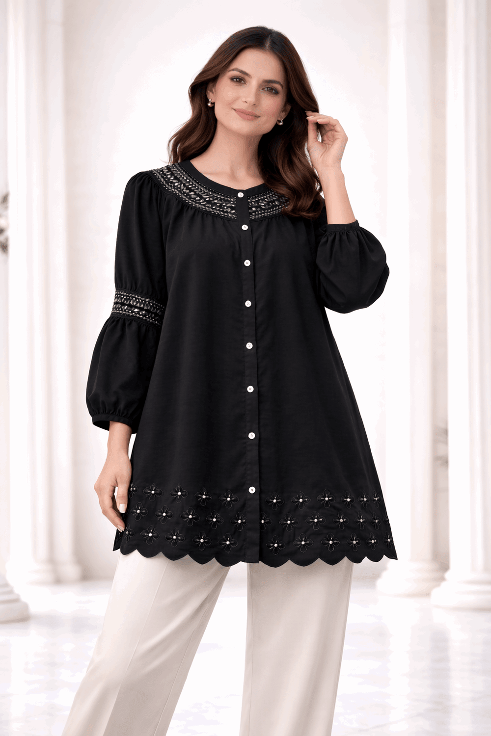 Black Laser-Cut Embroidered Button-Down Tunic - Nishat Creative Store