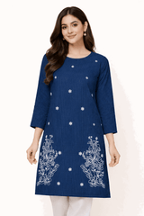 Blue Striped Floral Embroidered Kurta - Nishat Creative Store
