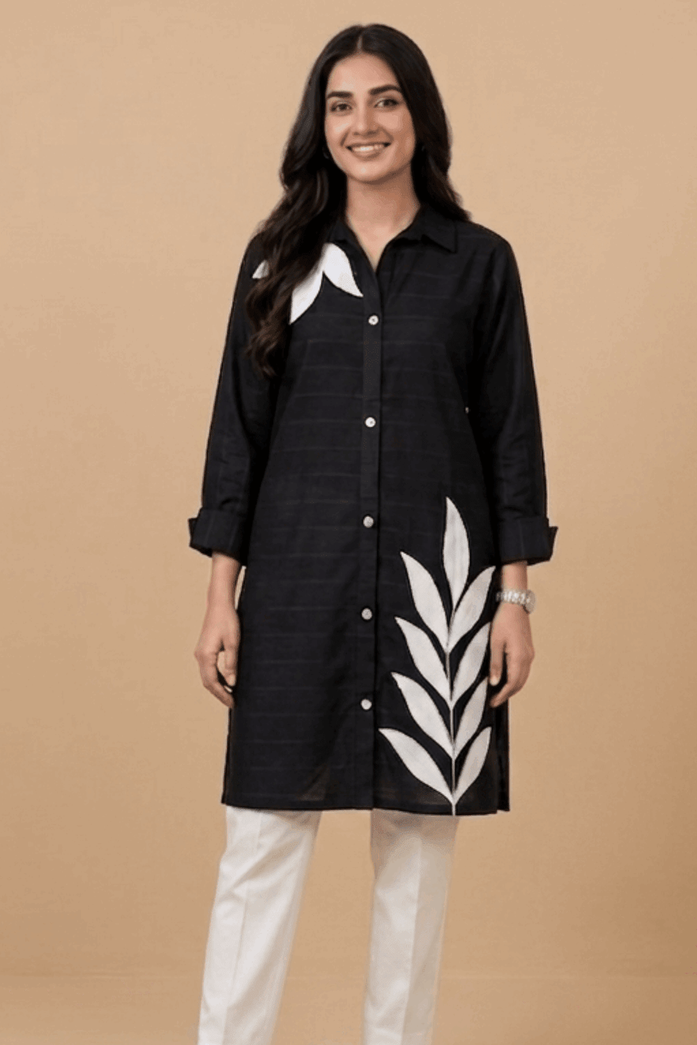 Botanical Embroidered Button-Down Kurta Black - Nishat Creative Store