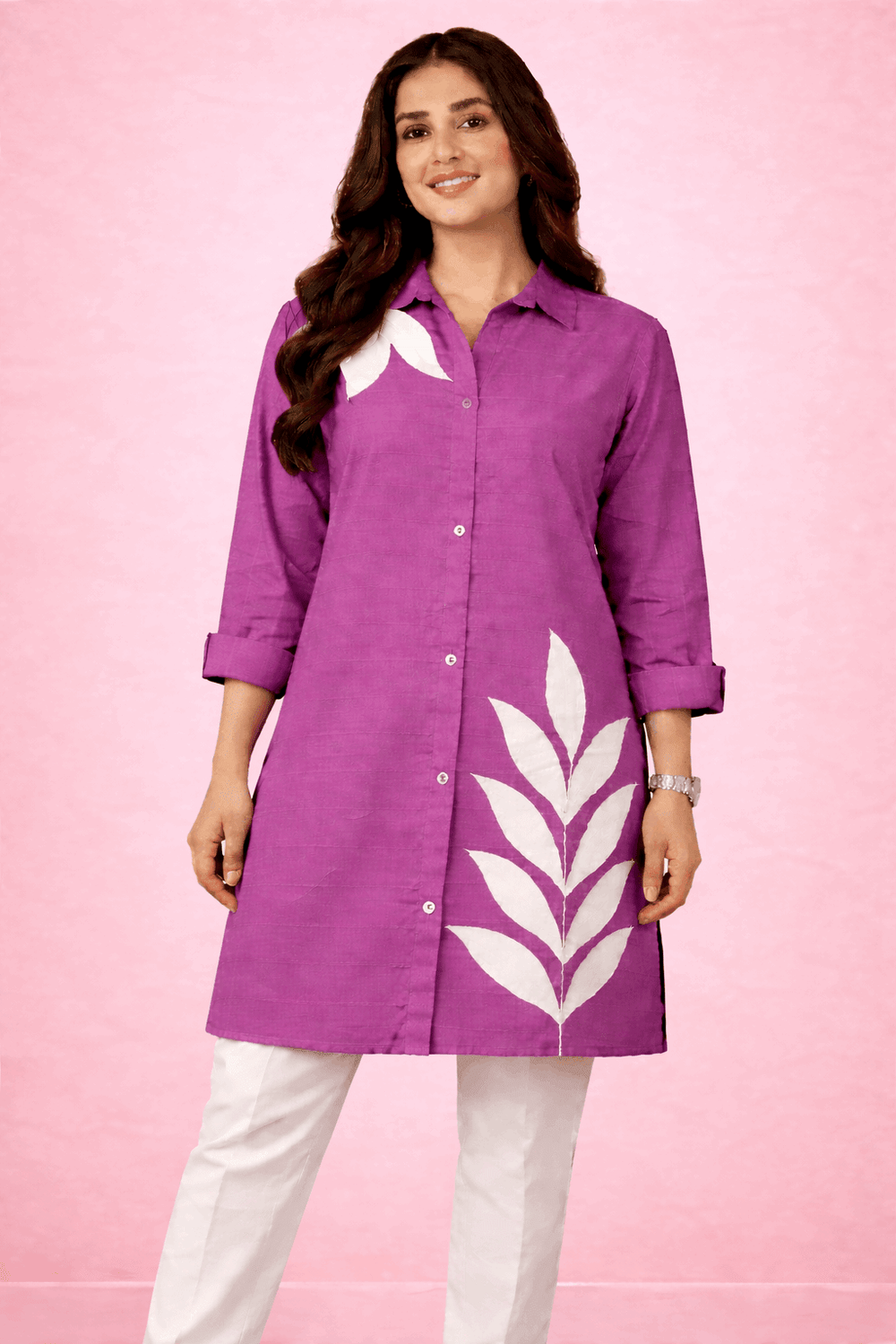 Botanical Embroidered Button-Down Kurta Purple - Nishat Creative Store