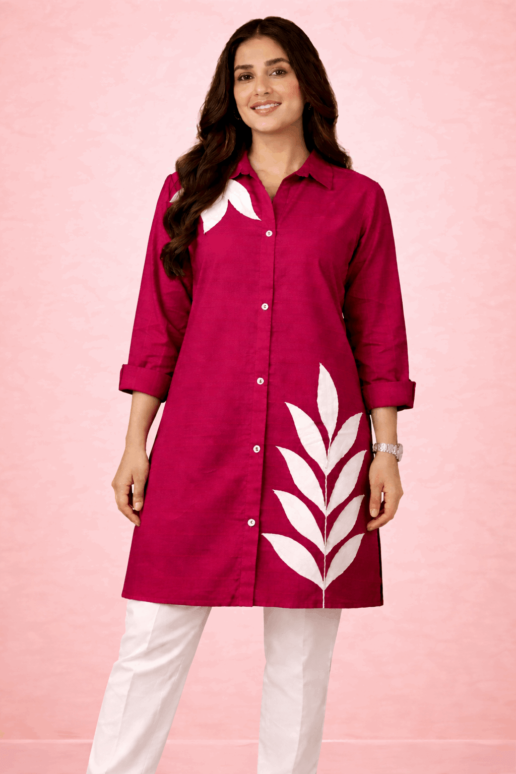 Botanical Embroidered Button-Down Kurta Red - Nishat Creative Store