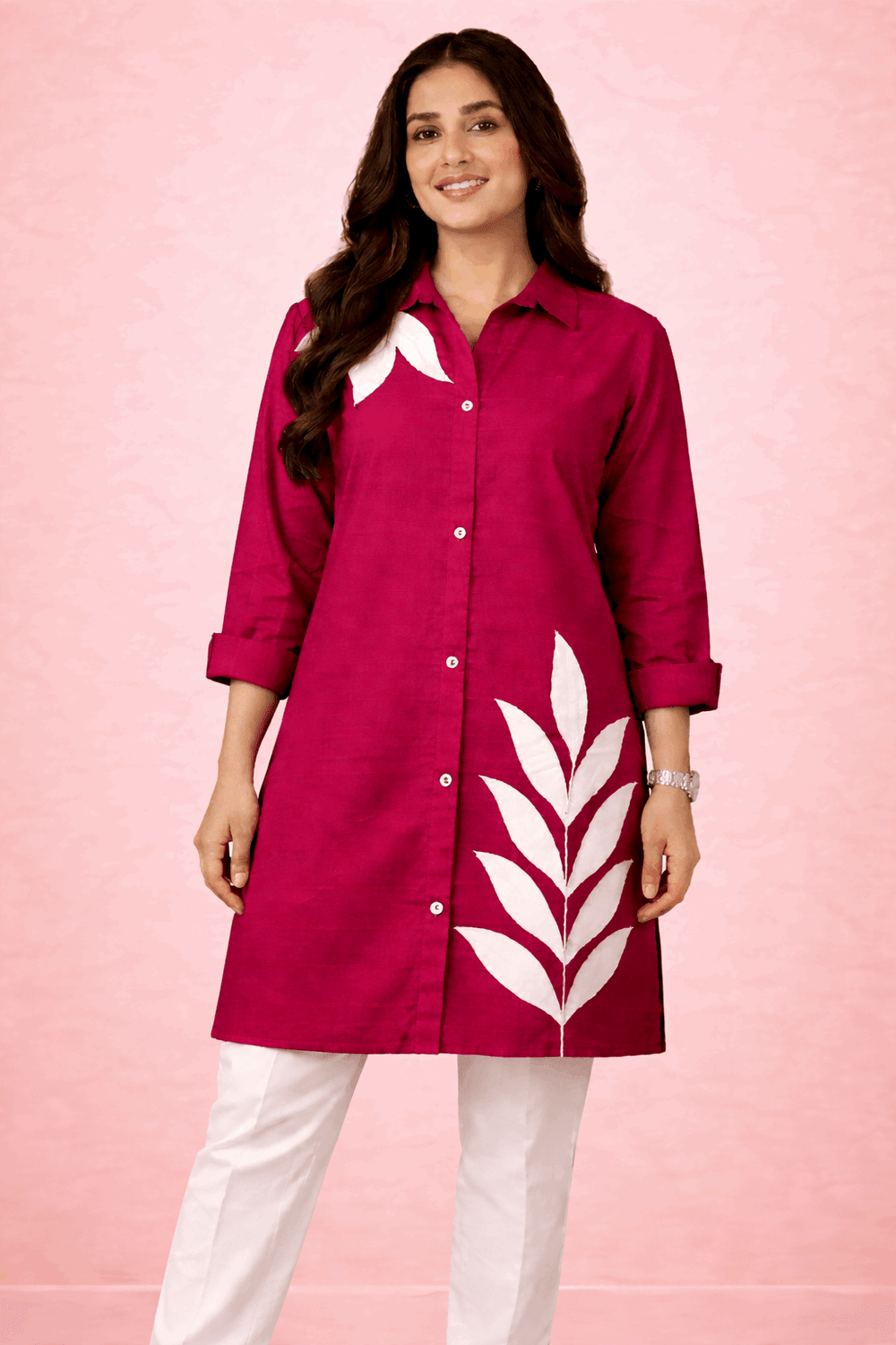 Botanical Embroidered Button-Down Kurta Red - Nishat Creative Store