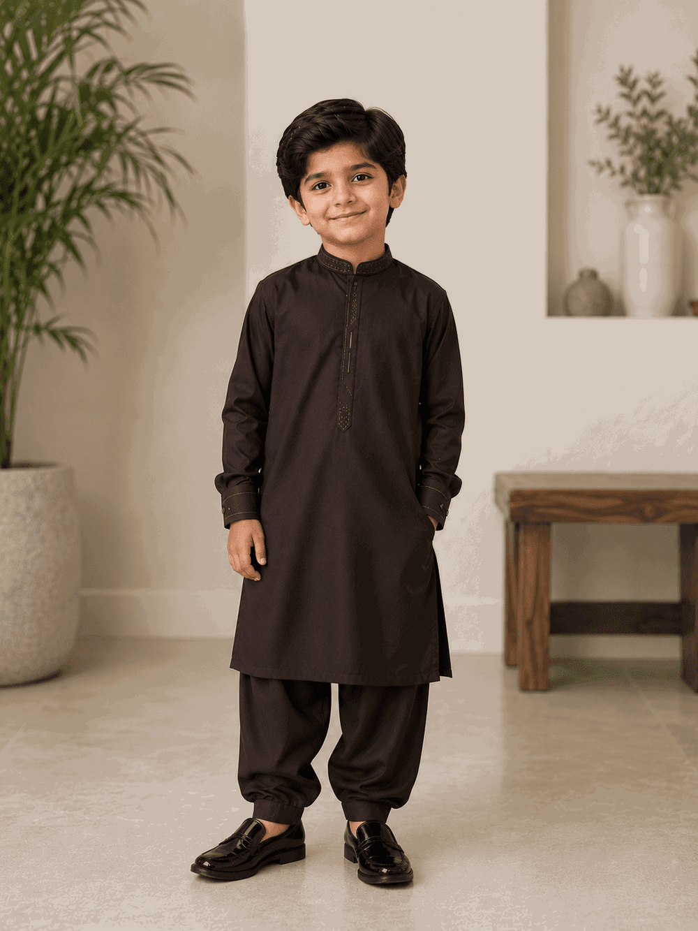 Boy Embroidered Shalwar Kameez Brown - Nishat Creative Store