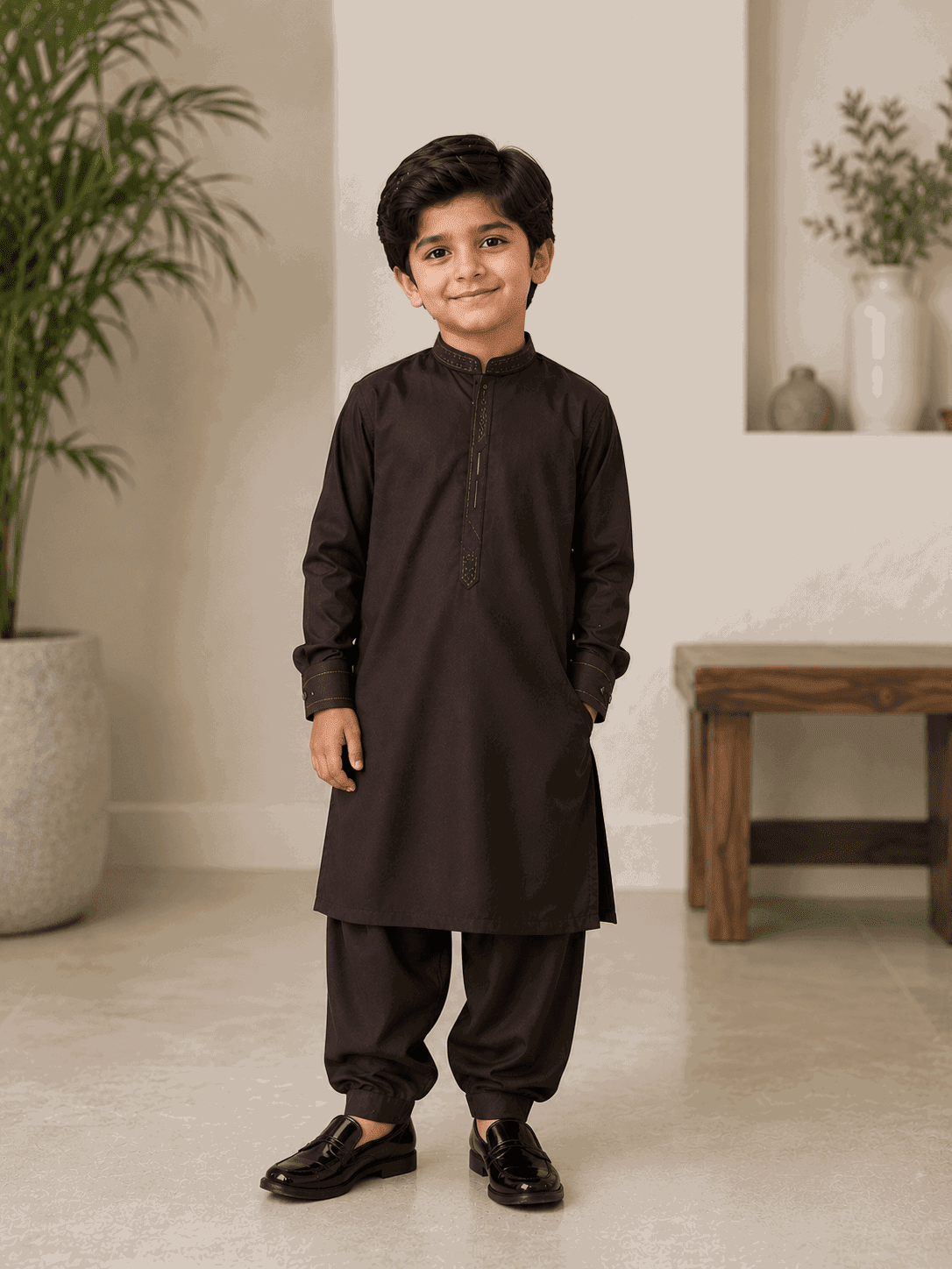Boy Embroidered Shalwar Kameez Brown - Nishat Creative Store