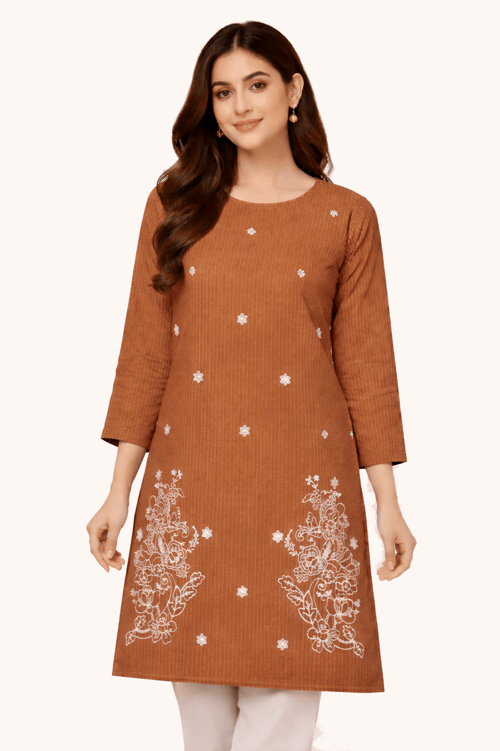 Brown Striped Floral Embroidered Kurta - Nishat Creative Store