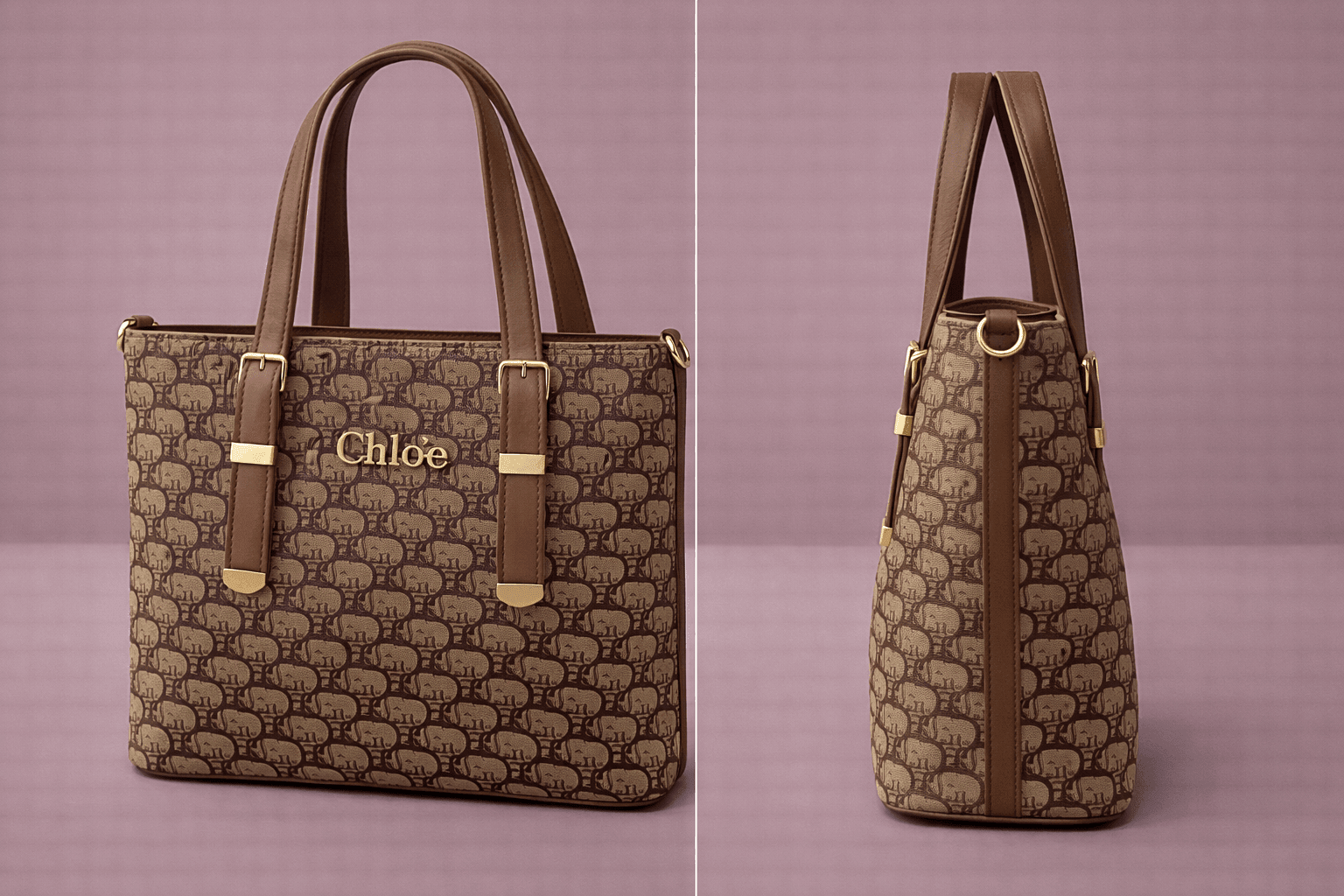 Chloé "D" Patterned Tote Bag with Brown Accents - Nishat Creative Store