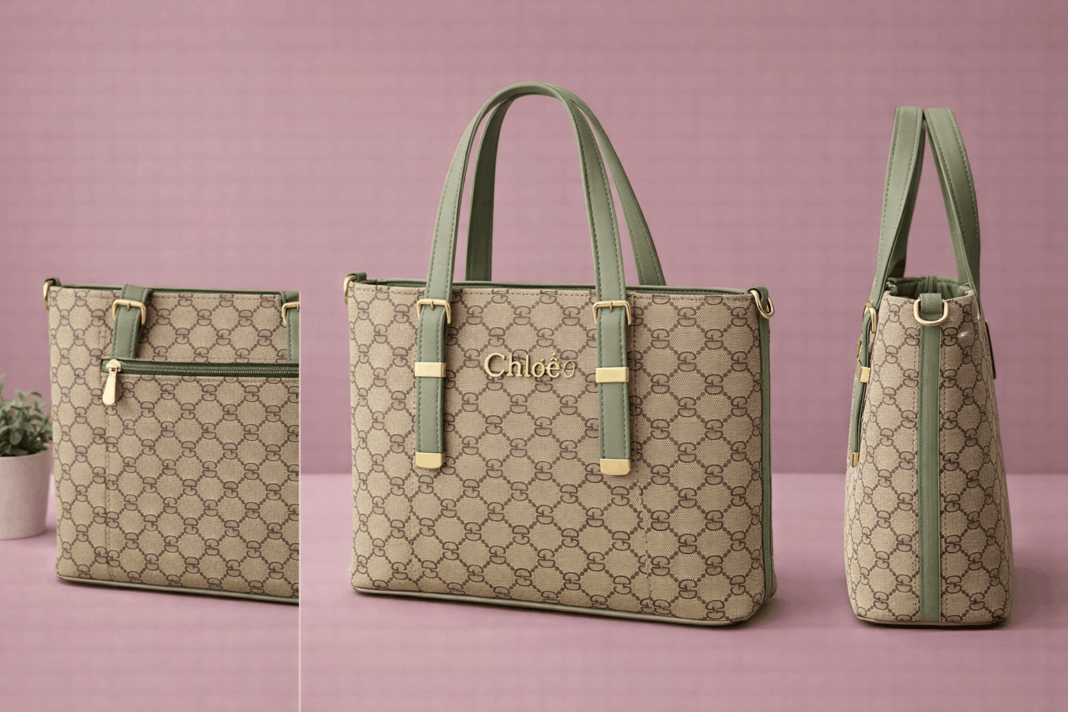 Chloé Monogram "GD" Tote Bag with Sage Green Accents - Nishat Creative Store