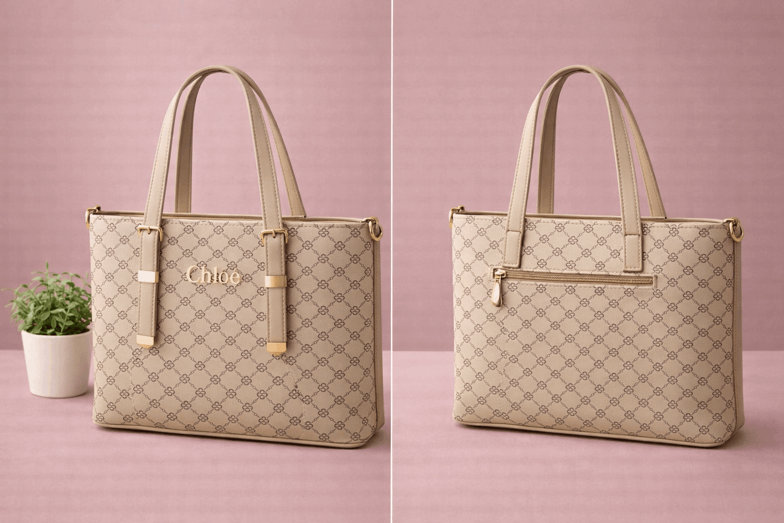 Chloë Signature Diamond Monogram Tote – Cream - Nishat Creative Store