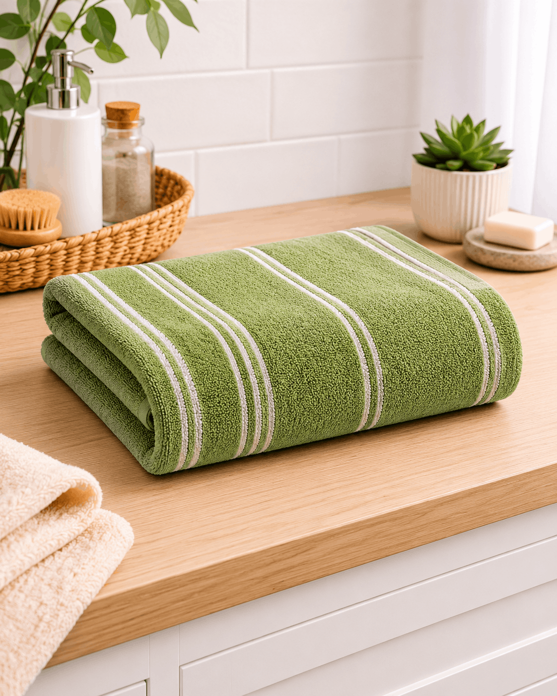 Classic Cotton Striped Bath Towel in Parrot Green - Nishat Creative Store