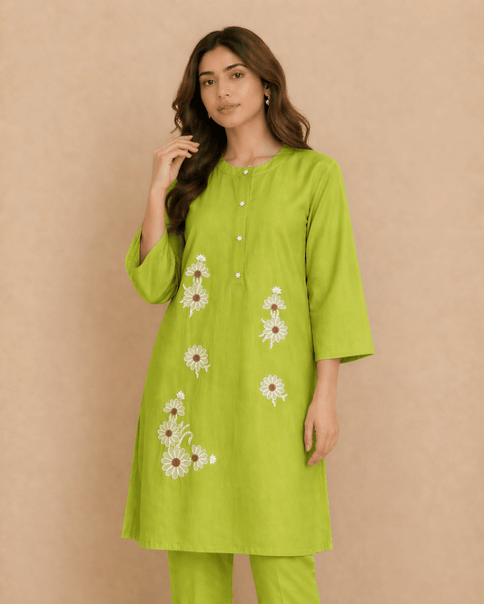 Daisy Floral Embroidered Cotton Kurta Green - Nishat Creative Store