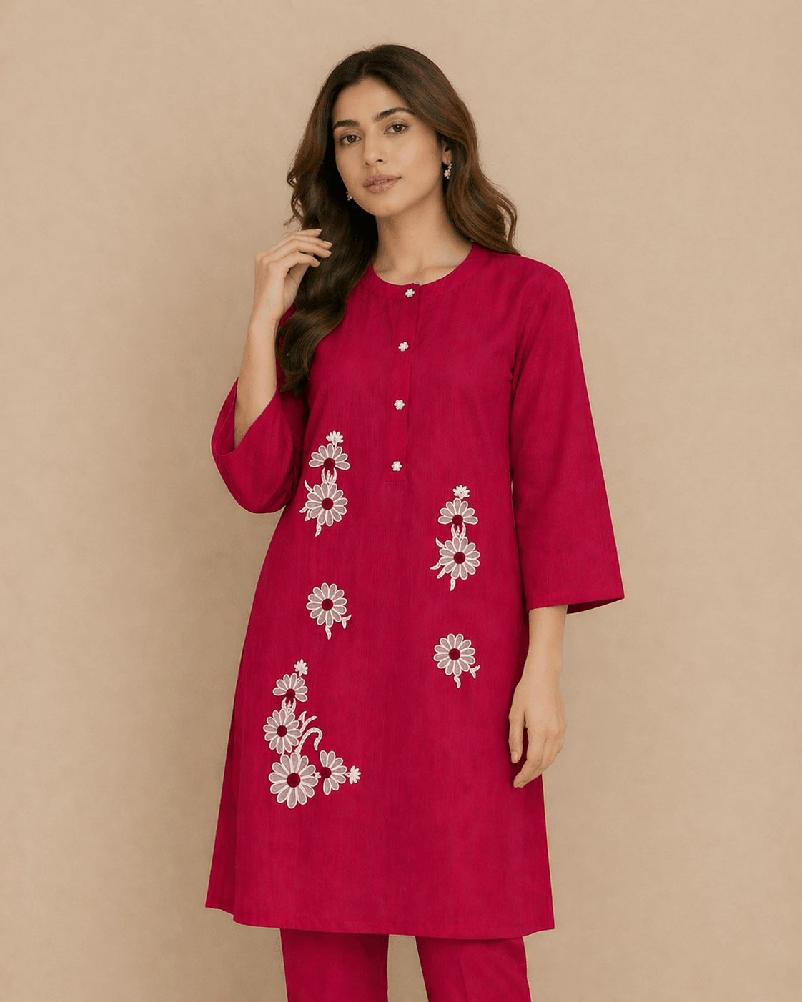 Daisy Floral Embroidered Cotton Kurta Red - Nishat Creative Store