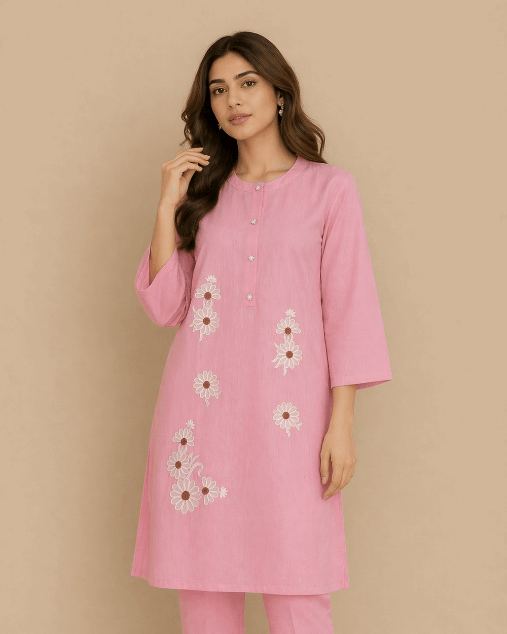 Daisy Floral Embroidered Cotton Kurta Soft Pink - Nishat Creative Store