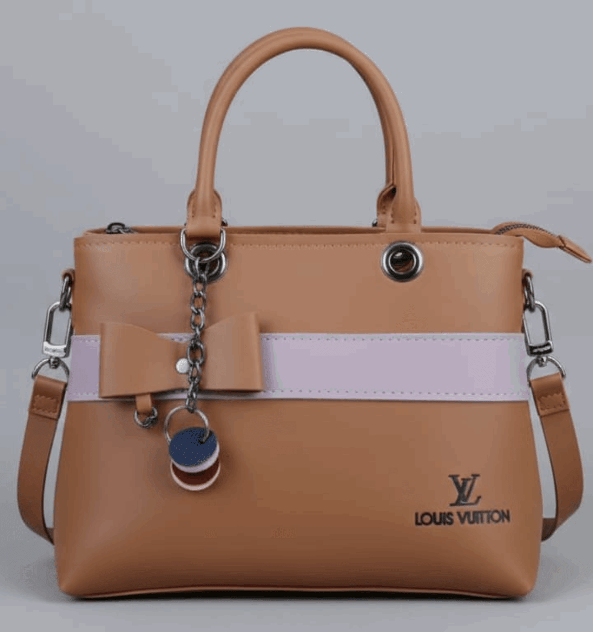 Dual-Handle Tan Crossbody Bag with Lilac Stripe and Bow - Nishat Creative Store