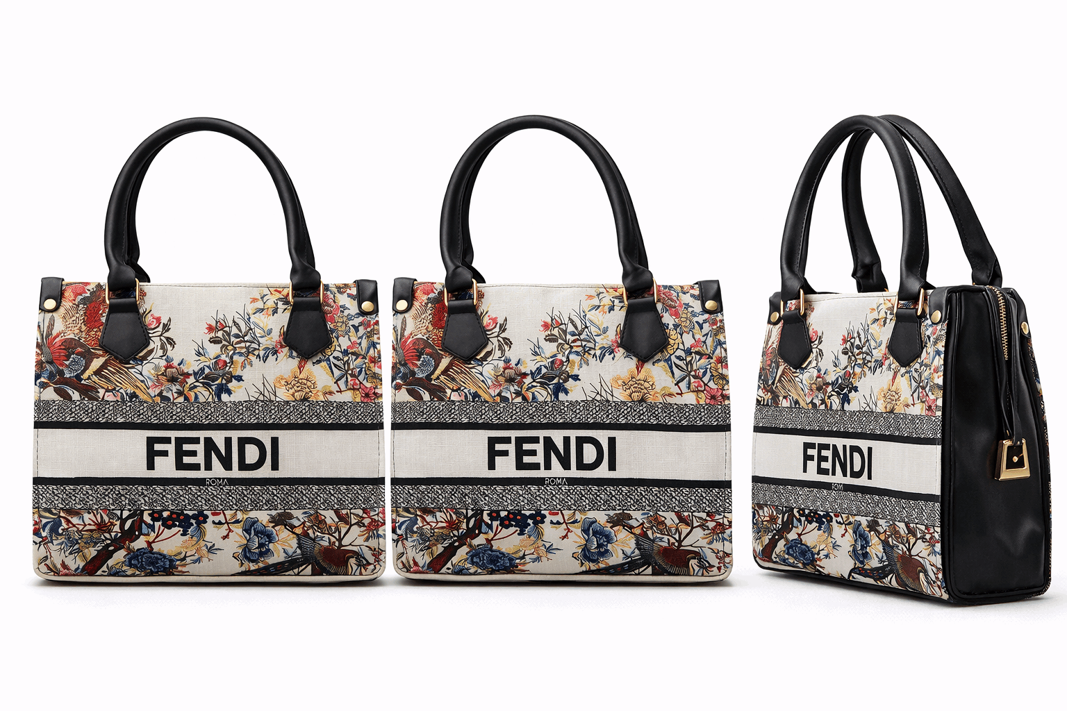 Fendi Roma Floral Embroidery Canvas Tote Bag - Black - Nishat Creative Store