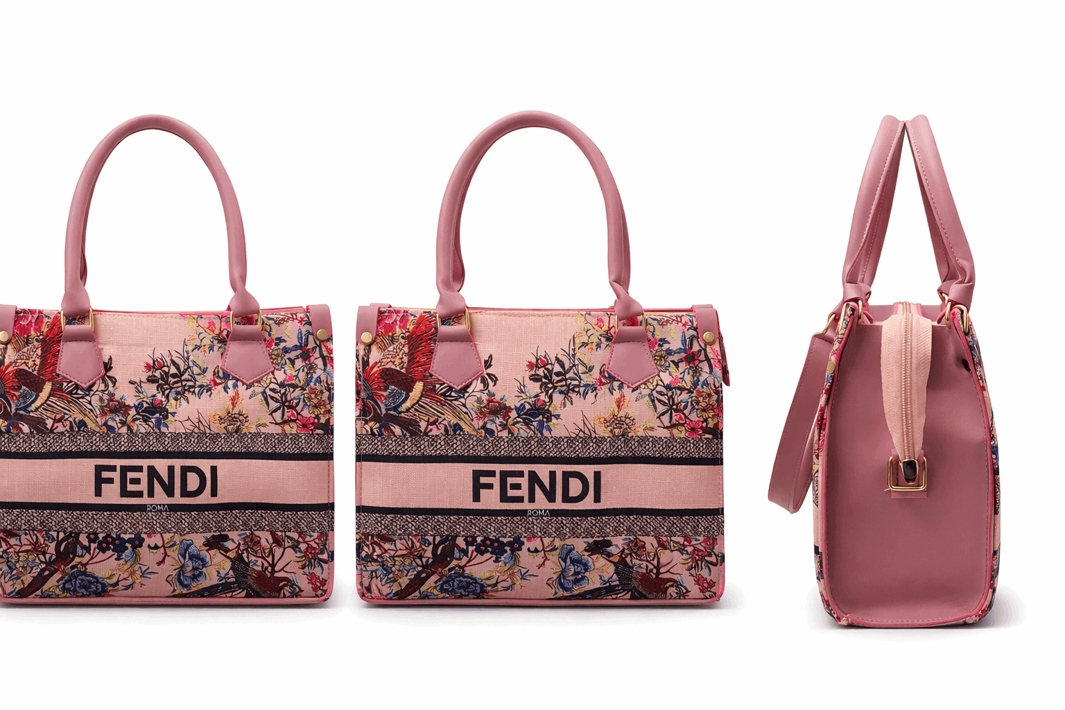 Fendi Roma Floral Embroidery Canvas Tote Bag - Blush Pink - Nishat Creative Store