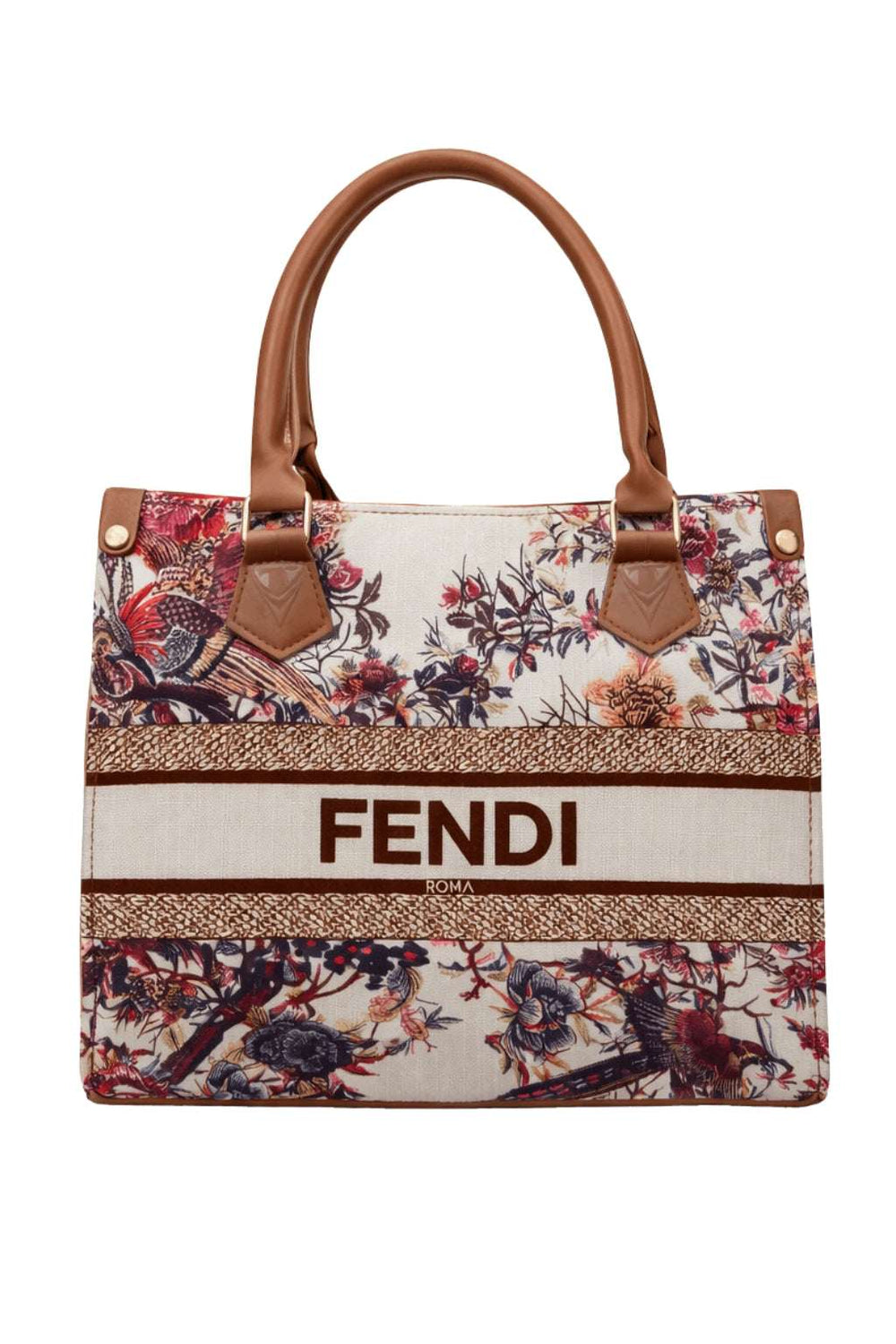 Fendi Roma Floral Embroidery Canvas Tote Bag - Brown - Nishat Creative Store