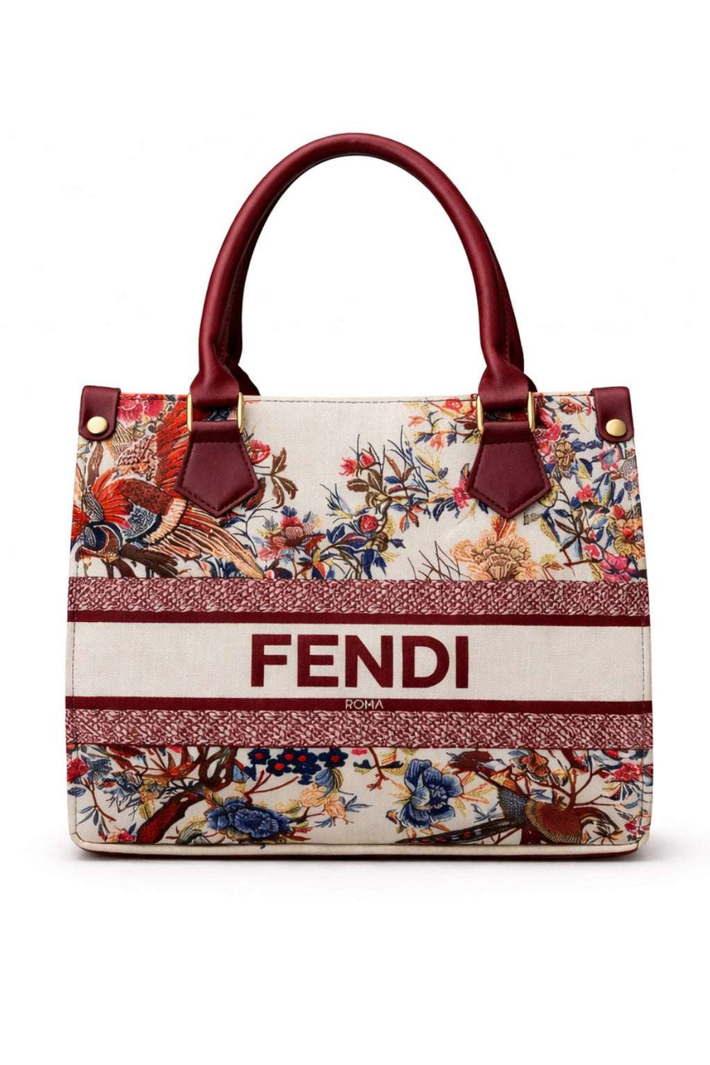 Fendi Roma Floral Embroidery Canvas Tote Bag - Maroon - Nishat Creative Store