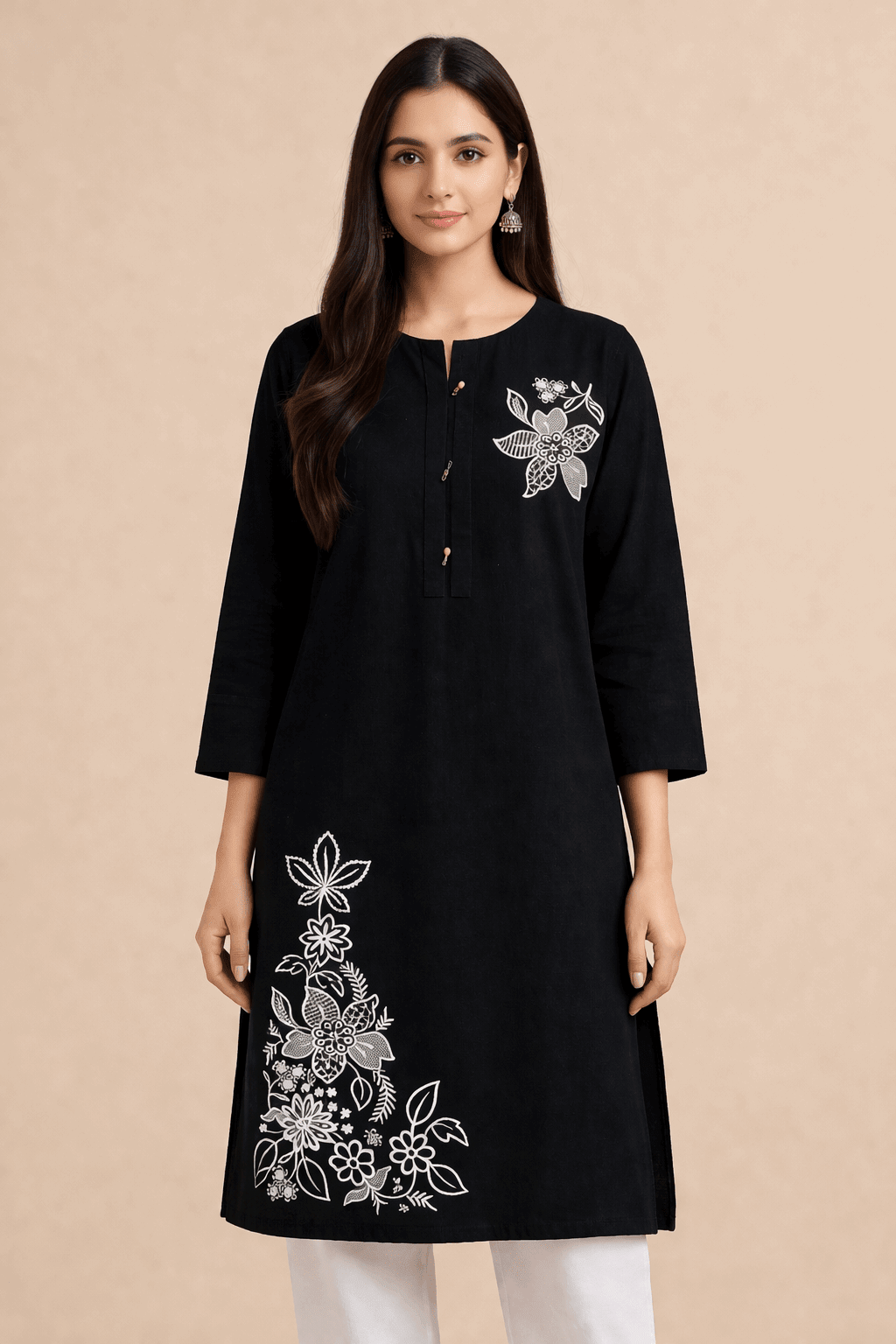 Floral Embroidered Black Cotton Kurta - Nishat Creative Store