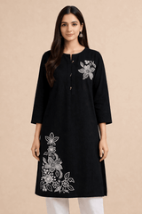 Floral Embroidered Black Cotton Kurta - Nishat Creative Store