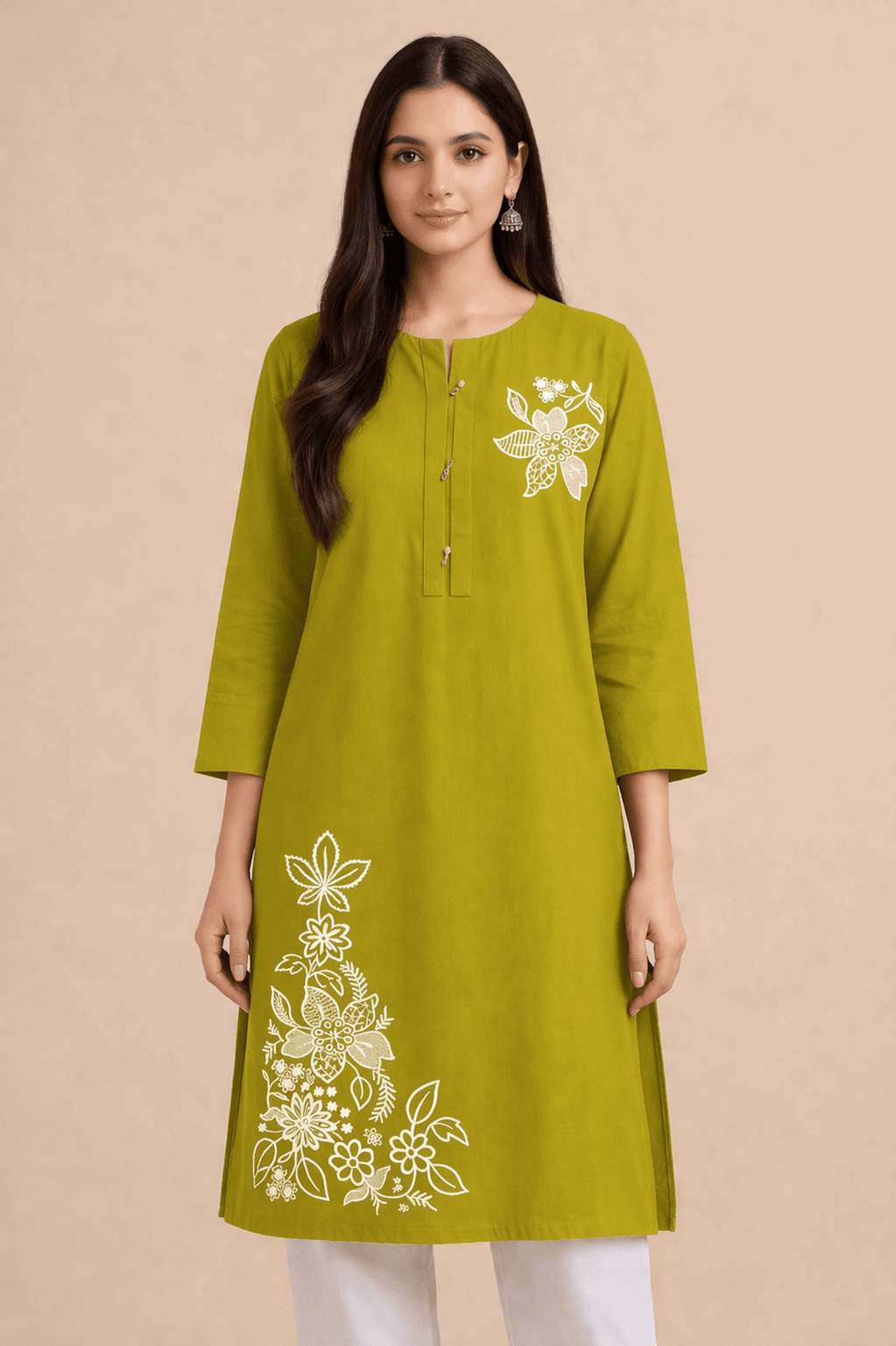 Floral Embroidered Cotton Kurta Mustard Green - Nishat Creative Store