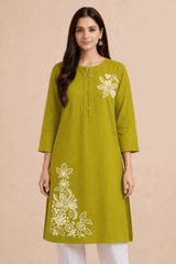 Floral Embroidered Cotton Kurta Mustard Green - Nishat Creative Store