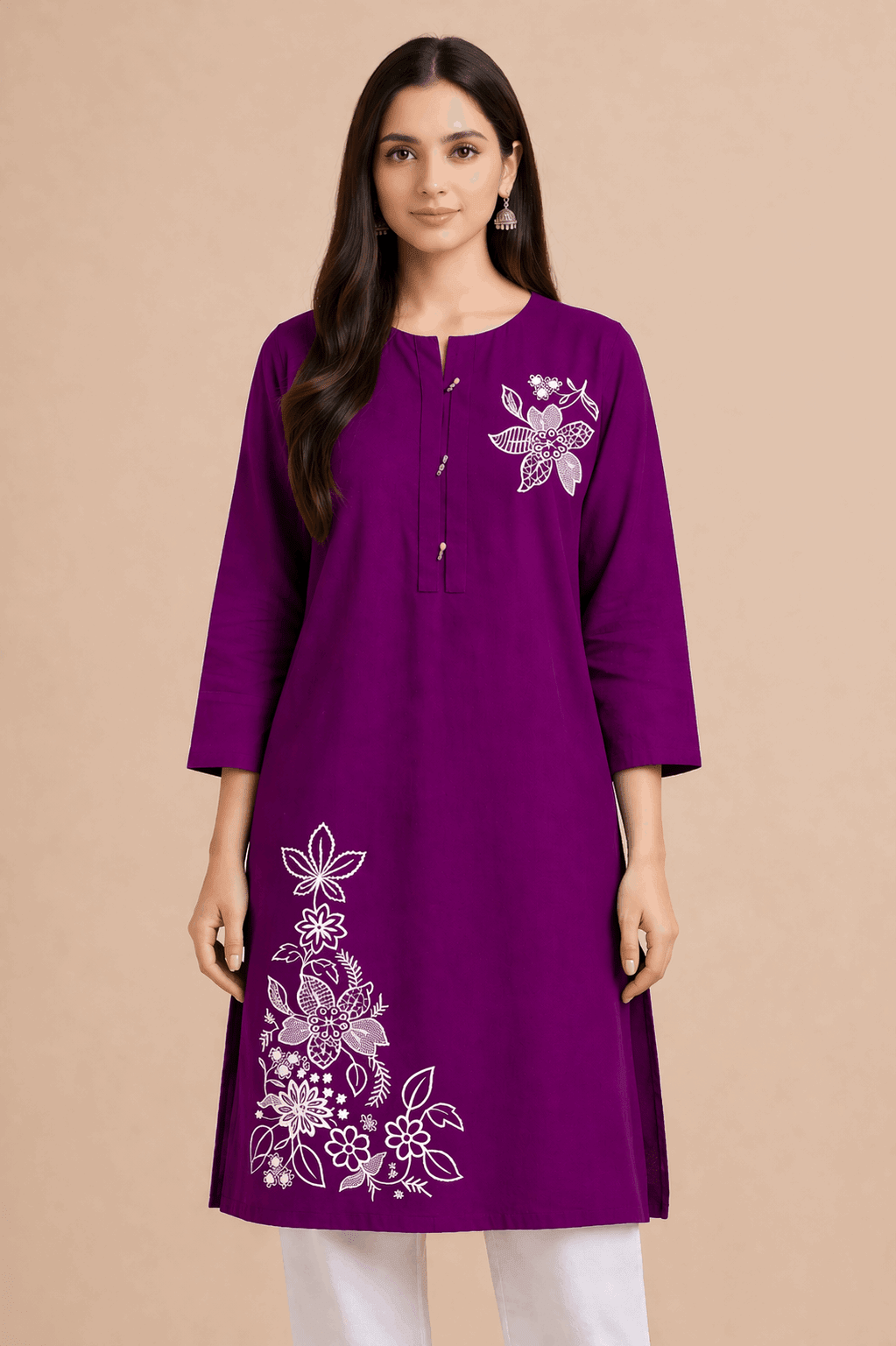 Floral Embroidered Cotton Kurta Purple - Nishat Creative Store