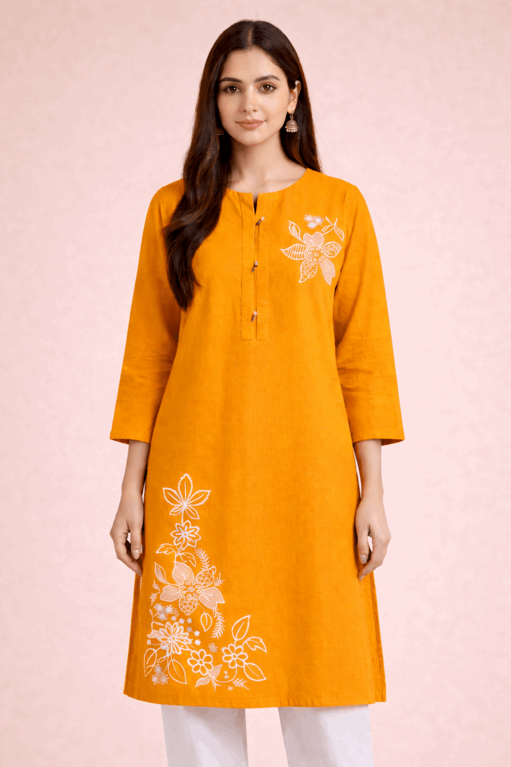 Floral Embroidered Orange Cotton Kurta - Nishat Creative Store