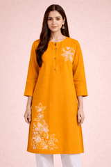 Floral Embroidered Orange Cotton Kurta - Nishat Creative Store